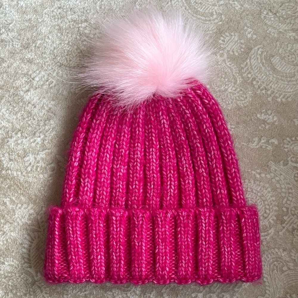 Brand New Nordstrom Hot Pink Ribbed Cuffed Knitted Beanie Hat w/ Light Pink Pom